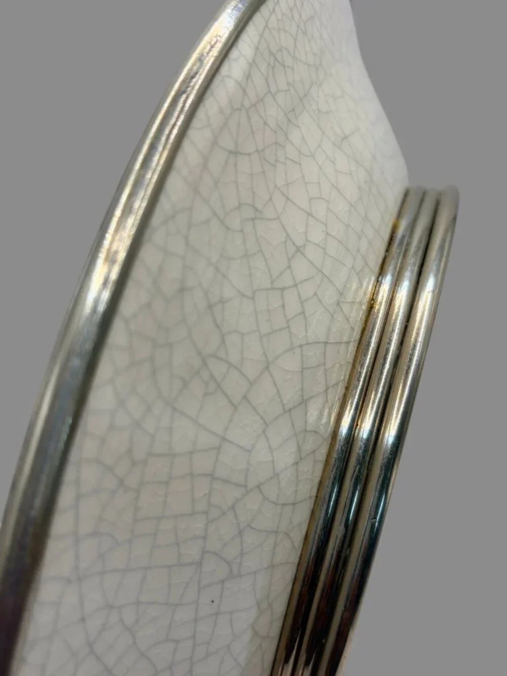 VTG ORNO Crackle Glaze Ceramic Centerpiece Bowl Metal Trim MCM Danish Modern 11